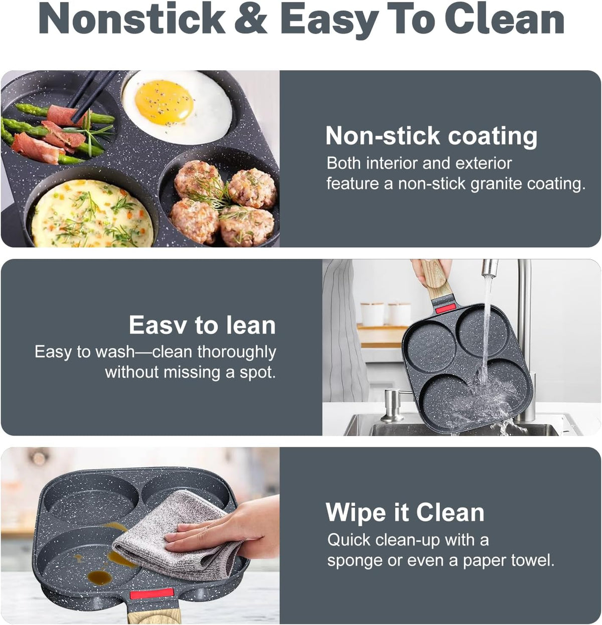 Ywmoml 4‑Cup Nonstick Egg Pan Set with Lid, Includes Silicone Scraper, Oil Brush, Chopsticks & Cleaning Cloth – Compatible with Gas & Induction Cooktops