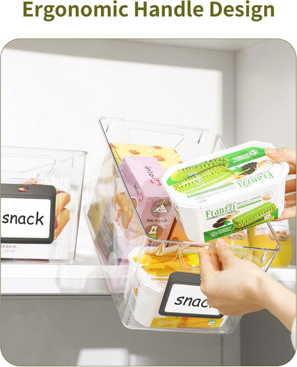 iCASA 6-Pack Clear Fridge Organizers and Storage Bins Container with Labels | Plastic Refrigerator Organizer Bin for Organizing, Home Organization Must Haves for Kitchen Under Sink Cabinet Pantry Shelf