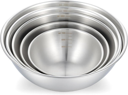 Stainless Steel Mixing Bowls Set of 5, Thicker Stainless Steel Flat Bottom Nesting Metal Mixing Bowls for Cooking, Baking, Serving, Food and Salad Prep, Dishwasher Safe