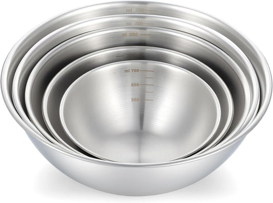 Stainless Steel Mixing Bowls Set of 5, Thicker Stainless Steel Flat Bottom Nesting Metal Mixing Bowls for Cooking, Baking, Serving, Food and Salad Prep, Dishwasher Safe