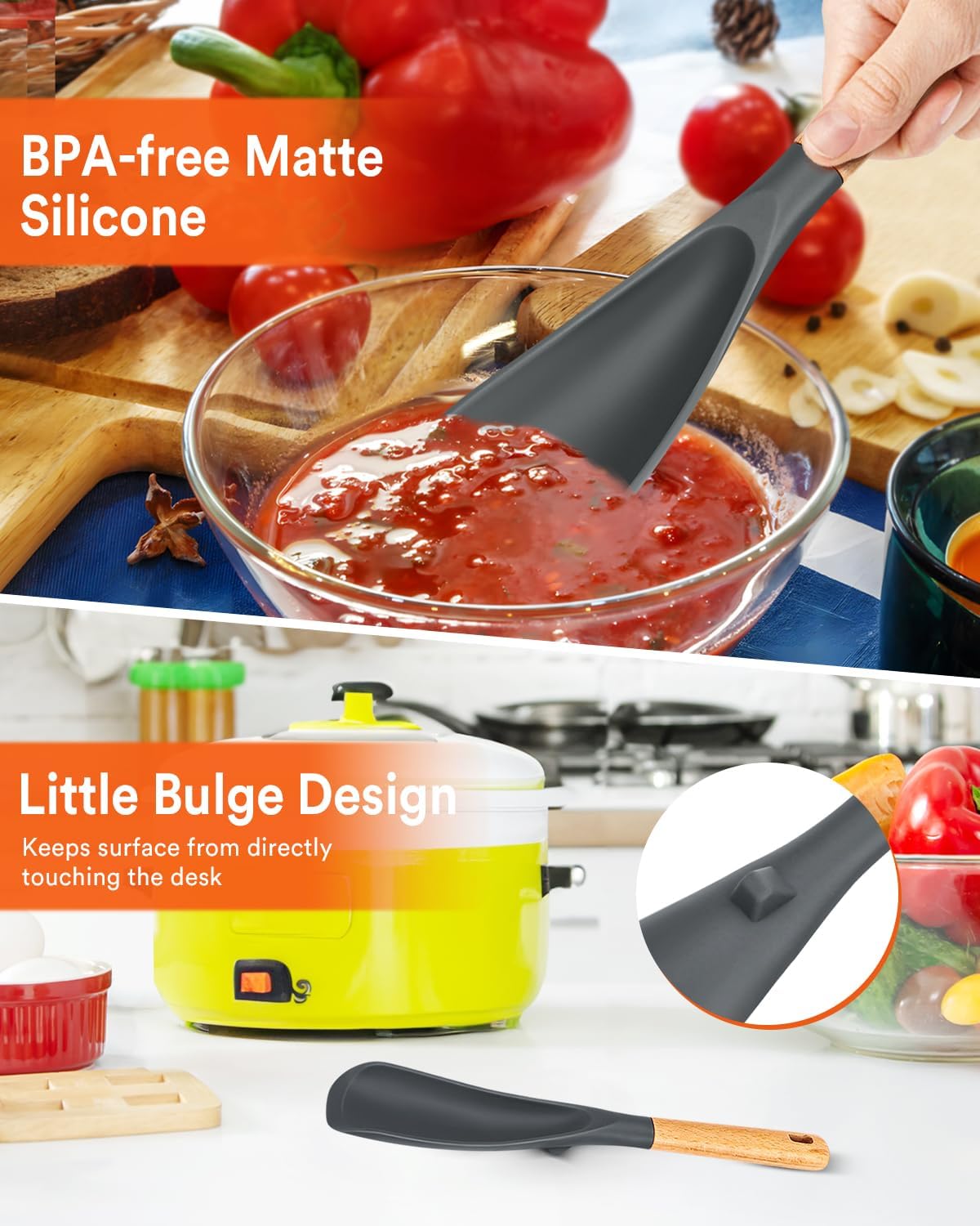 Cooking Spoon for Nonstick Cookwares, Great for Cooking and Serving Sturdy BPA-Free Matte Silicone, Wood Handle Spoon for Mixing, Scoop, and Scrape (Black & Grey, 11.4 inch)