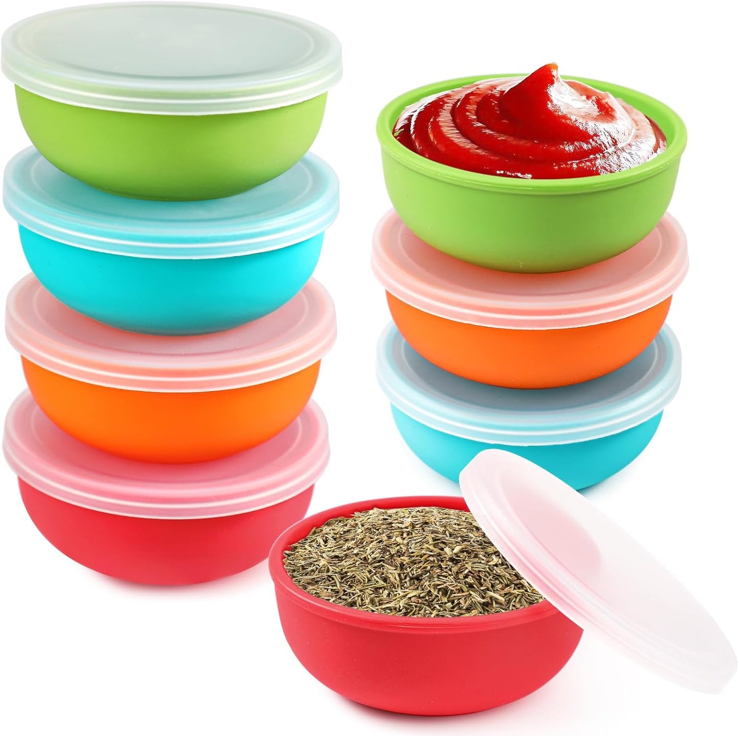 Webake 3" Silicone Pinch Bowls for Cooking Prep, 2oz Small Dipping Bowls Sauce Condiment Containers with Lids, BPA Free Set of 8