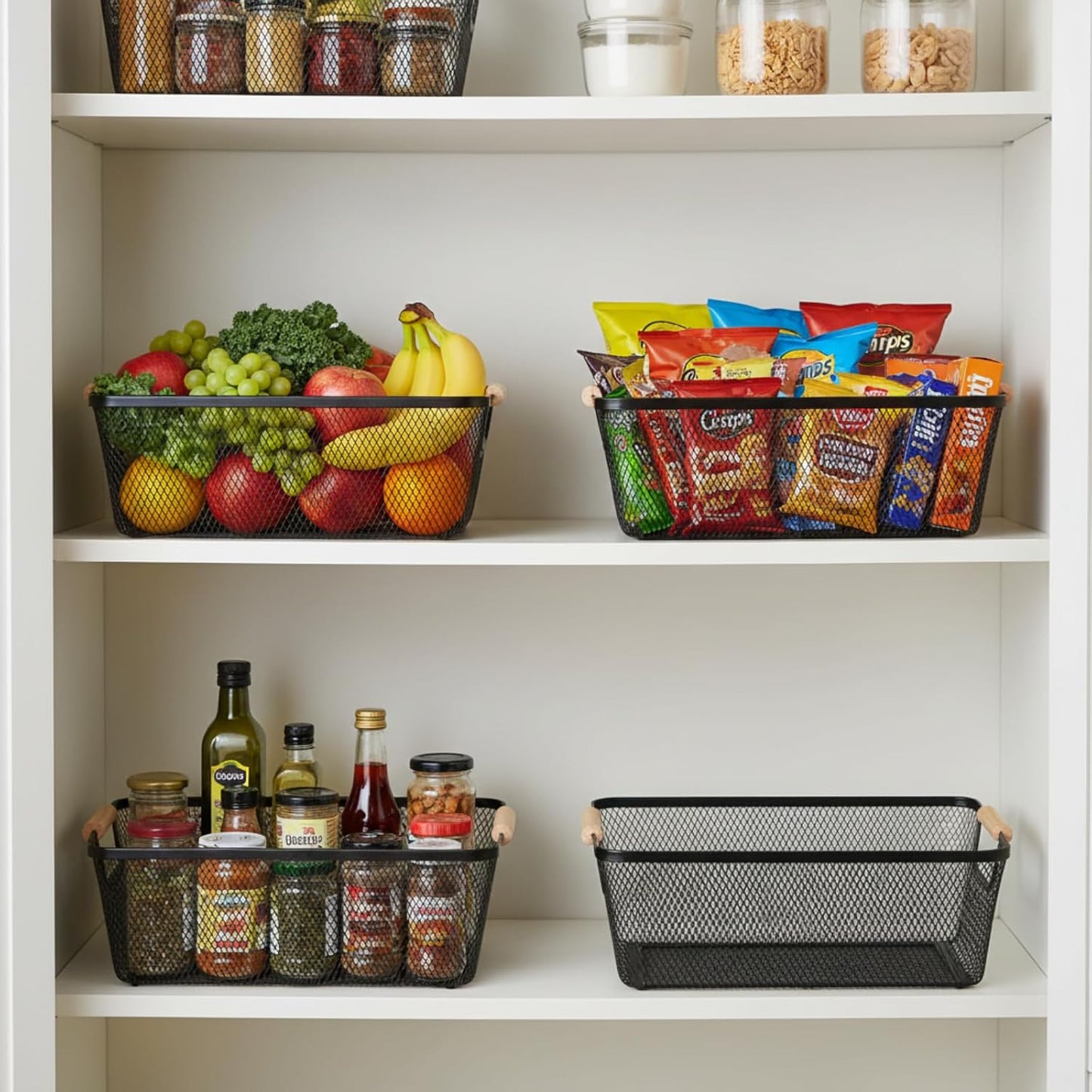 Ziliny 4 Pcs Metal Mesh Wire Baskets with Wooden Handles for Organizing, Pantry Organizers and Storage Steel Bin Kitchen Baskets for Fruit Potato Onion Snacks Bathroom Cabinet(Medium,Cream White)