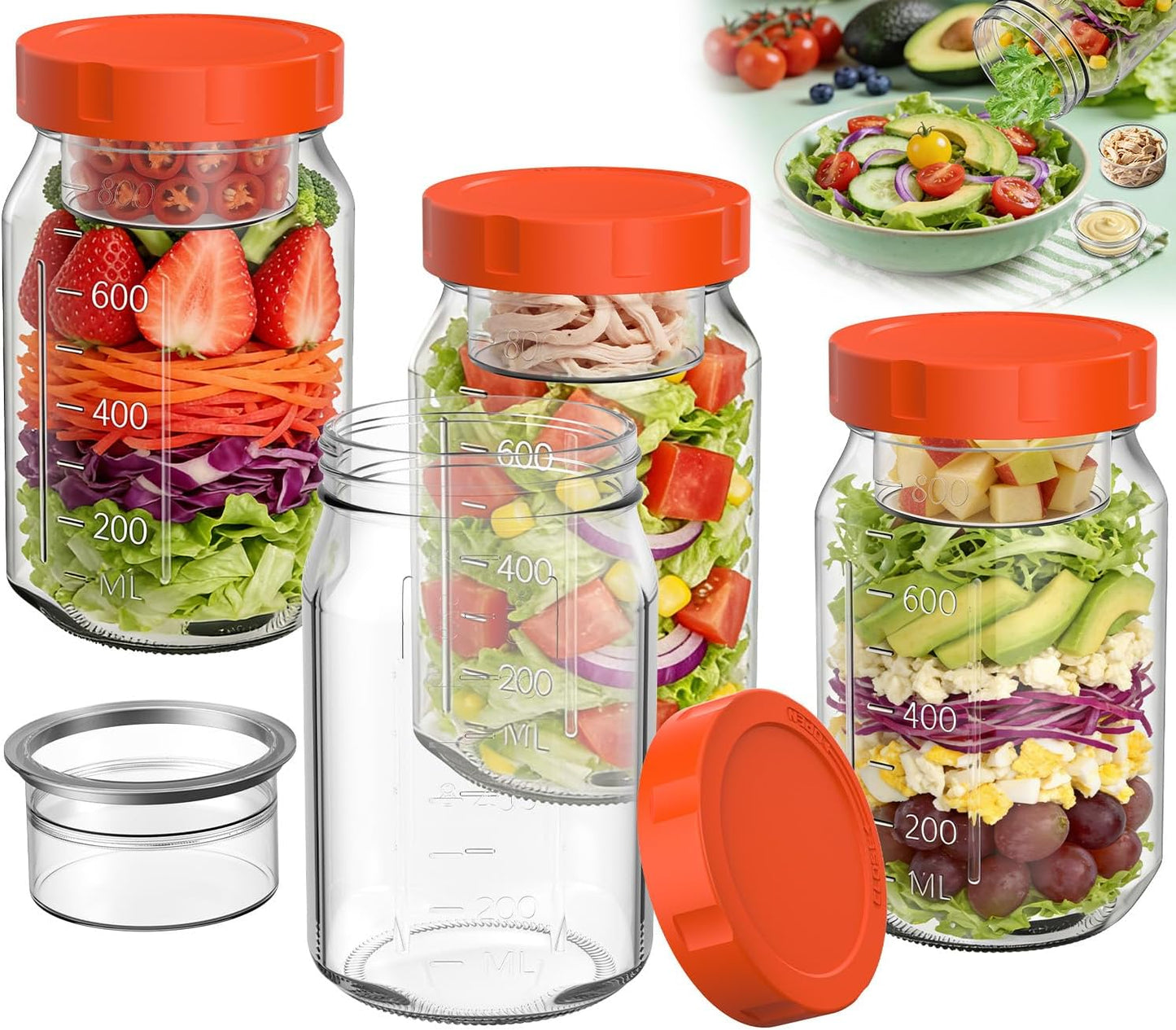4Pack Glass Salad Jars with Lids, 32oz Salads Mason Jars with Wet/Dry Separation Cup, Meal Prep Salad Containers for Lunch, Leakproof Wide Mouth Food Storage Containers, BPA-Free Reusable (Orange)