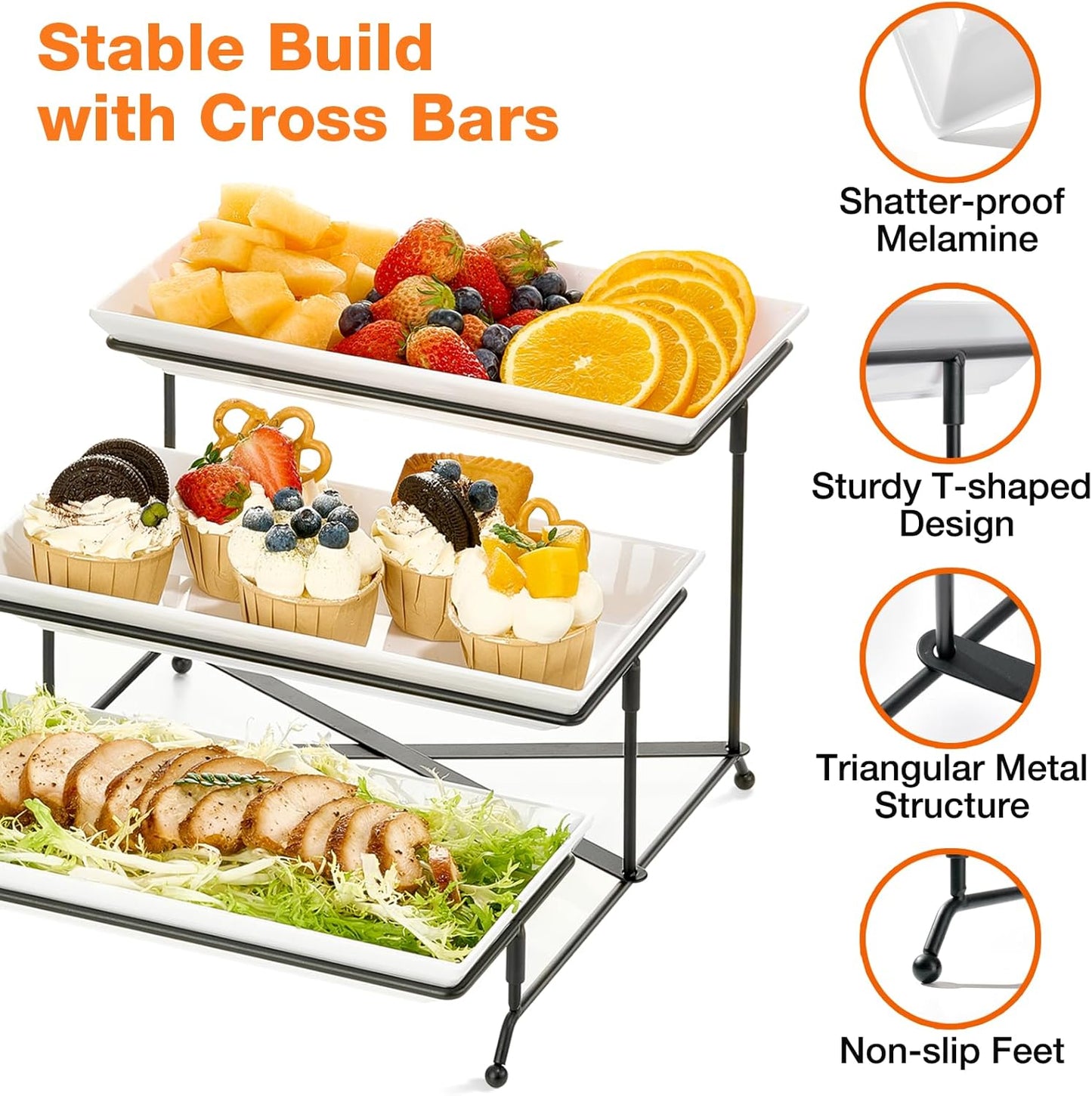 Mfacoy 3 Tier Serving Tray Set, 12" Tiered Serving Trays Platters, Reusable Serving Tray for Party, Collapsible Sturdier Stand with Stable Cross Bars, Serving Platters for Veggie, Fruit, Dessert