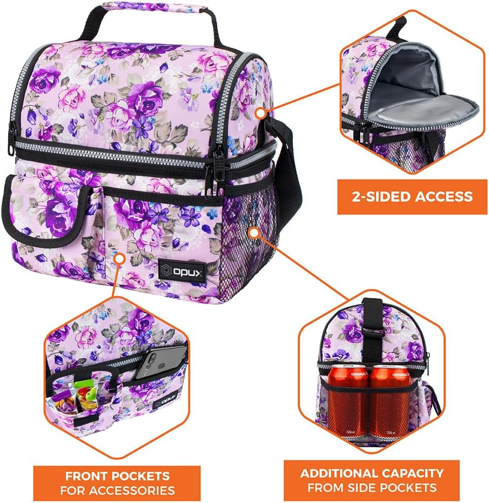 opux Insulated Lunch Bag Women Men, Dual Compartment Leakproof Lunch Box Adults Kids, Double Decker Meal Prep Bento Lunch Cooler Tote with Shoulder Strap for Work Office School Travel, Floral Purple