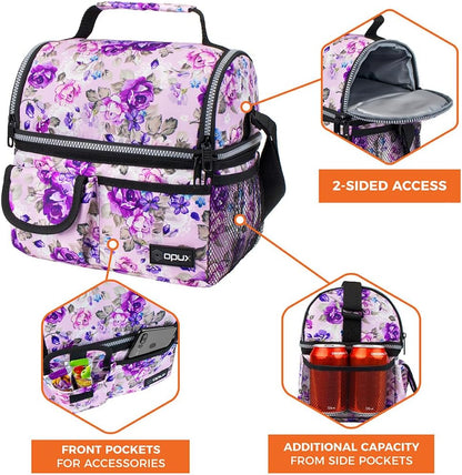 opux Insulated Lunch Bag Women Men, Dual Compartment Leakproof Lunch Box Adults Kids, Double Decker Meal Prep Bento Lunch Cooler Tote with Shoulder Strap for Work Office School Travel, Floral Purple