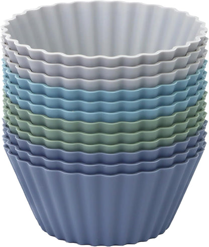 Silicone Baking Muffin Cups 12 Pack, Reusable Cupcake Liners Cake Molds, BPA Free, Dishwasher Safe(White, Green, Navy, Dusty Blue)