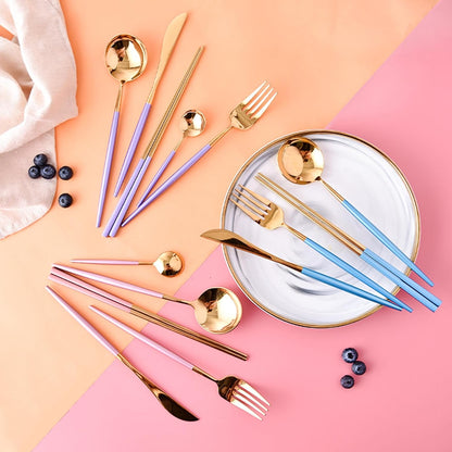 AARAINBOW 8 Pieces Stainless Steel Flatware Set Portable Reusable Cutlery Set Travel Utensils Set Including Chopsticks Knife Fork Spoon Straws Cleaning Brush Dishwasher Safe (Pink Golden)