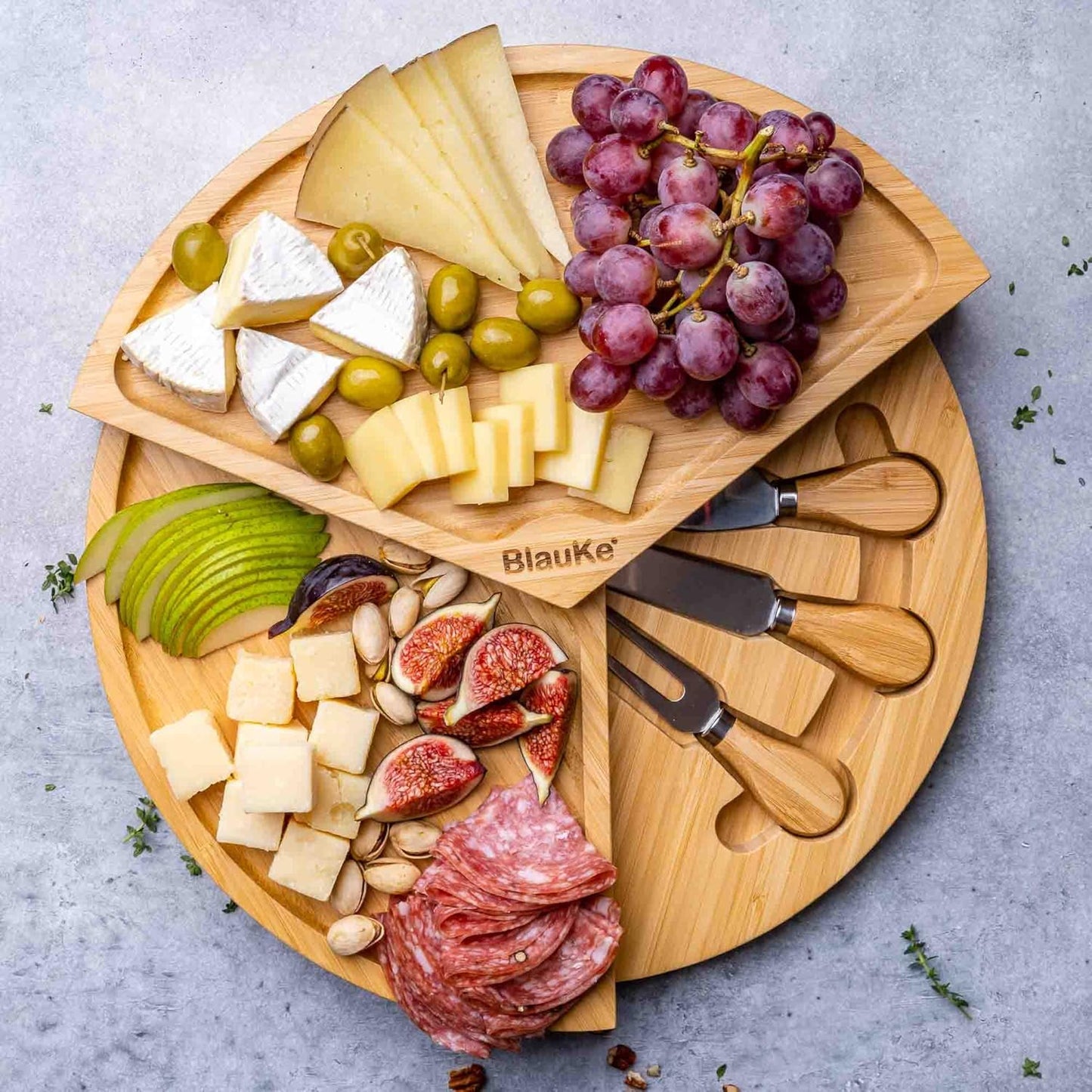 Bamboo Cheese Board and Knife Set – 14 inch Round Charcuterie Board, Serving Tray, Platter, Wood Cheeseboard Set with Slide-Out Drawer – BlauKe®