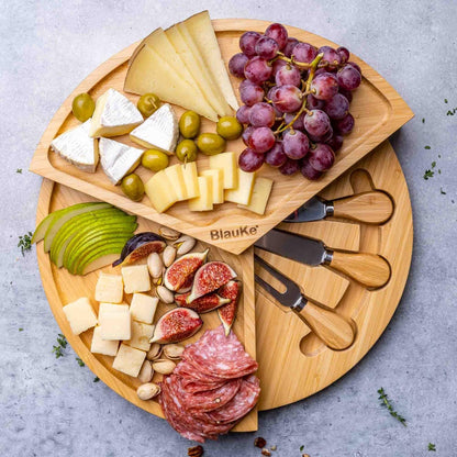 Bamboo Cheese Board and Knife Set – 14 inch Round Charcuterie Board, Serving Tray, Platter, Wood Cheeseboard Set with Slide-Out Drawer – BlauKe®