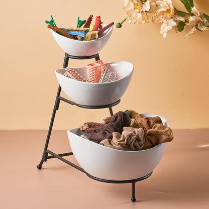 LYEOBOH 3 Tier Serving Bowls Set Tiered Serving Stand, Porcelain Oval Bowls with Collapsible Metal Stand for Entertaining, Party, Dessert Display, Candy, Chip and Dip (Gold)-45oz / 17.5oz / 7oz