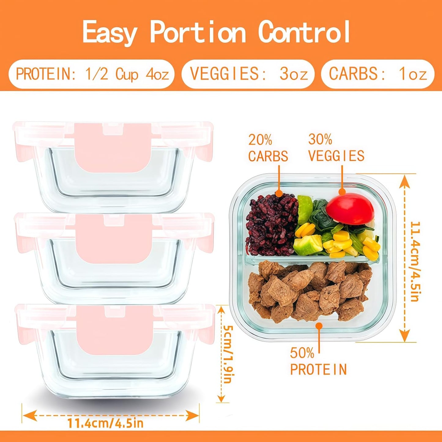 Bariatric Meal Prep Containers, 8 oz Bariatric Portion Control Food Storage Containers with Two 4 oz Compartments (3 Pack), Reusable Glass Snack Containers with BPA Free Airtight Lids