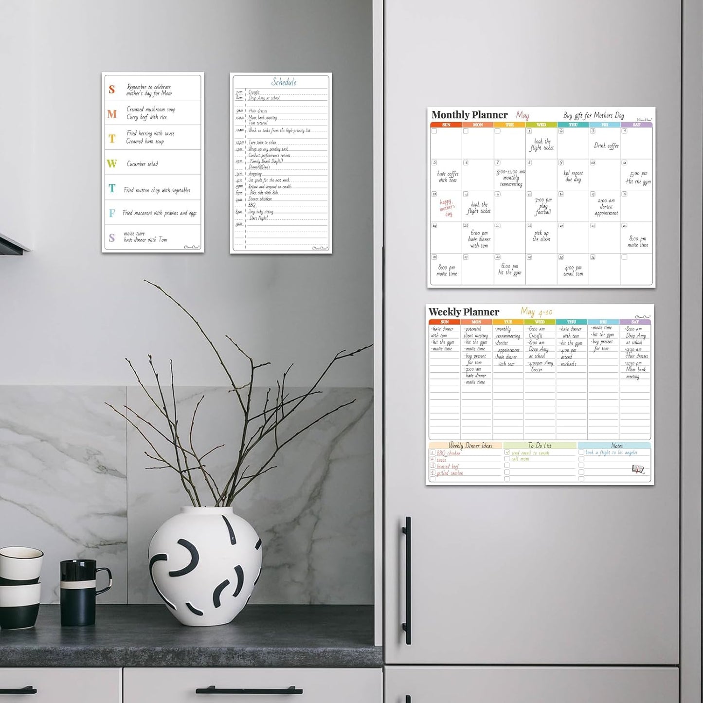 Non-Magnetic Dry Erase Calendar Set for Fridge - 14.5“x11.5 Reusable Monthly and Weekly Calendar - 6.5"x11.5" Menu and List Board Sticks to Most Smooth Surfaces - 6 Dry Erase Markers Included