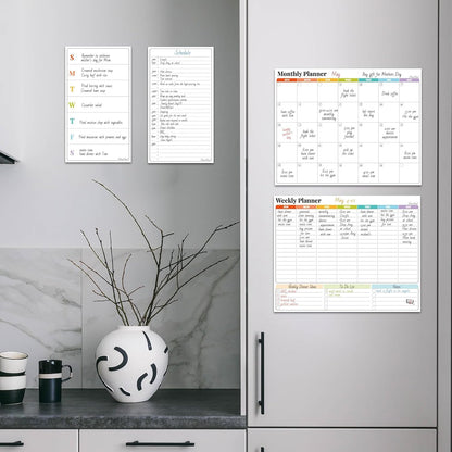 Non-Magnetic Dry Erase Calendar Set for Fridge - 14.5“x11.5 Reusable Monthly and Weekly Calendar - 6.5"x11.5" Menu and List Board Sticks to Most Smooth Surfaces - 6 Dry Erase Markers Included