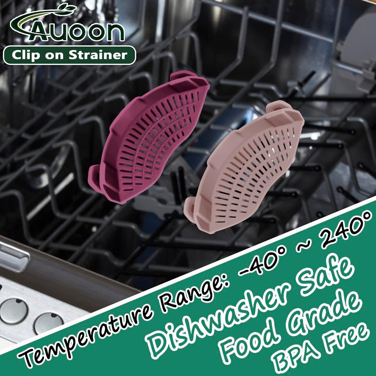 AUOON Clip On Strainer Silicone for All Pots and Pans, Pasta Strainer Clip on Food Strainer for Meat Vegetables Fruit Silicone Kitchen Colander