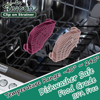 AUOON Clip On Strainer Silicone for All Pots and Pans, Pasta Strainer Clip on Food Strainer for Meat Vegetables Fruit Silicone Kitchen Colander