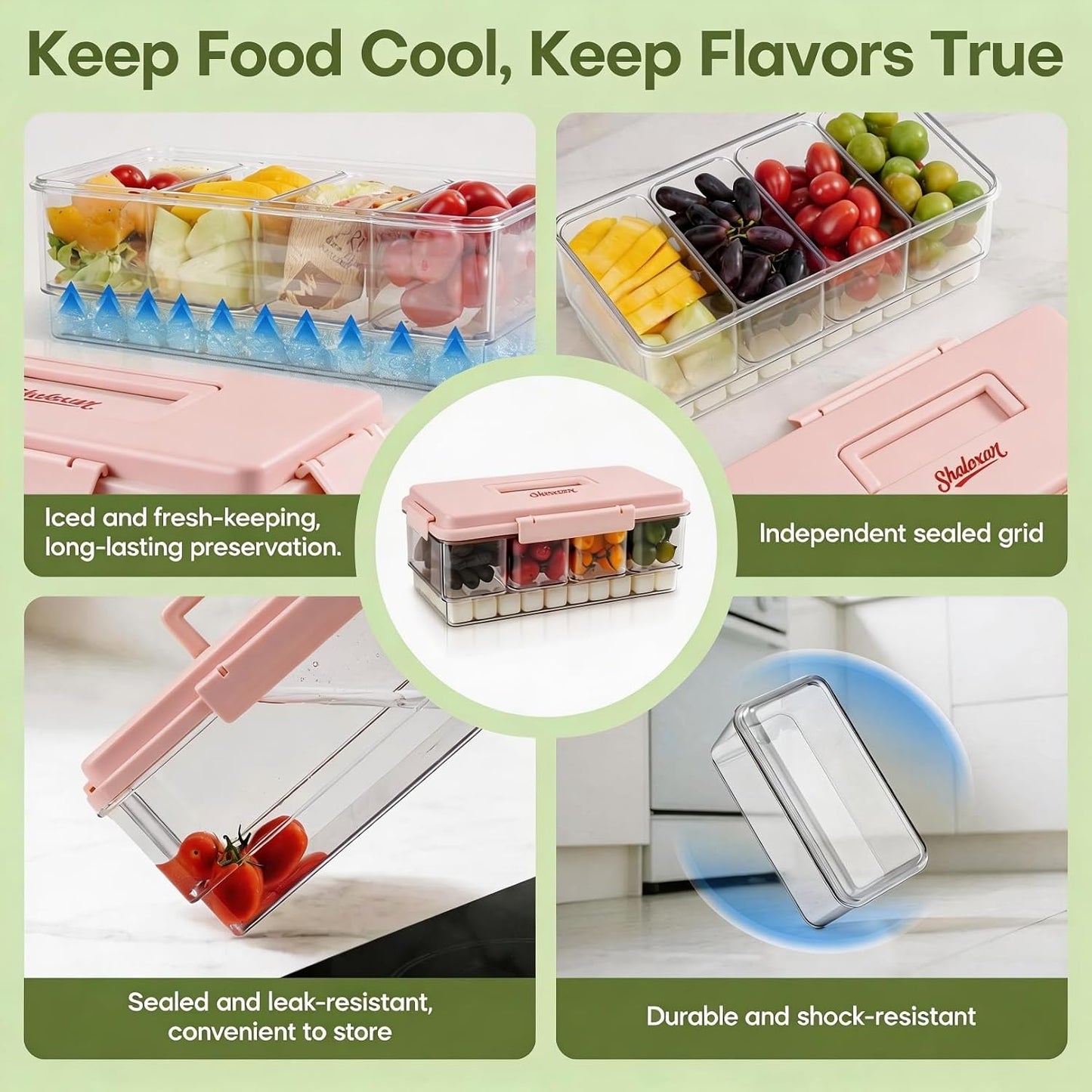 Chilled Divided Serving Tray &Snacklebox Container with Ice Pack, Portable Party Platter with Lid, Chilled Veggie Tray,Shrimp Cocktail Serving Dish, for Picnic,Road Trip,Beach