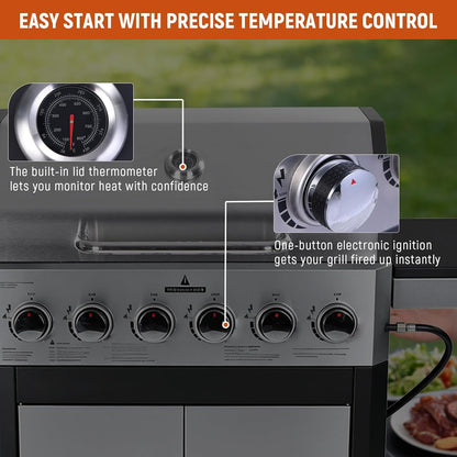Redlife 3 Burner Propane Gas Grill, 30,000 BTU Outdoor BBQ Grill with Cast Iron Cooking Grates, Stainless Steel Warming Rack, Built-in Thermometer, Side Shelves, Removable Grease Tray, Yellow