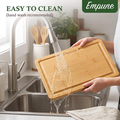 Empune Bamboo Cutting Boards for Kitchen, 3 Piece Extra Thick Cutting Board Set with Juice Groove, Deep Carbonized Bamboo Chopping Board, Reversible Wood Cutting Board for charcuterie boards, Brown