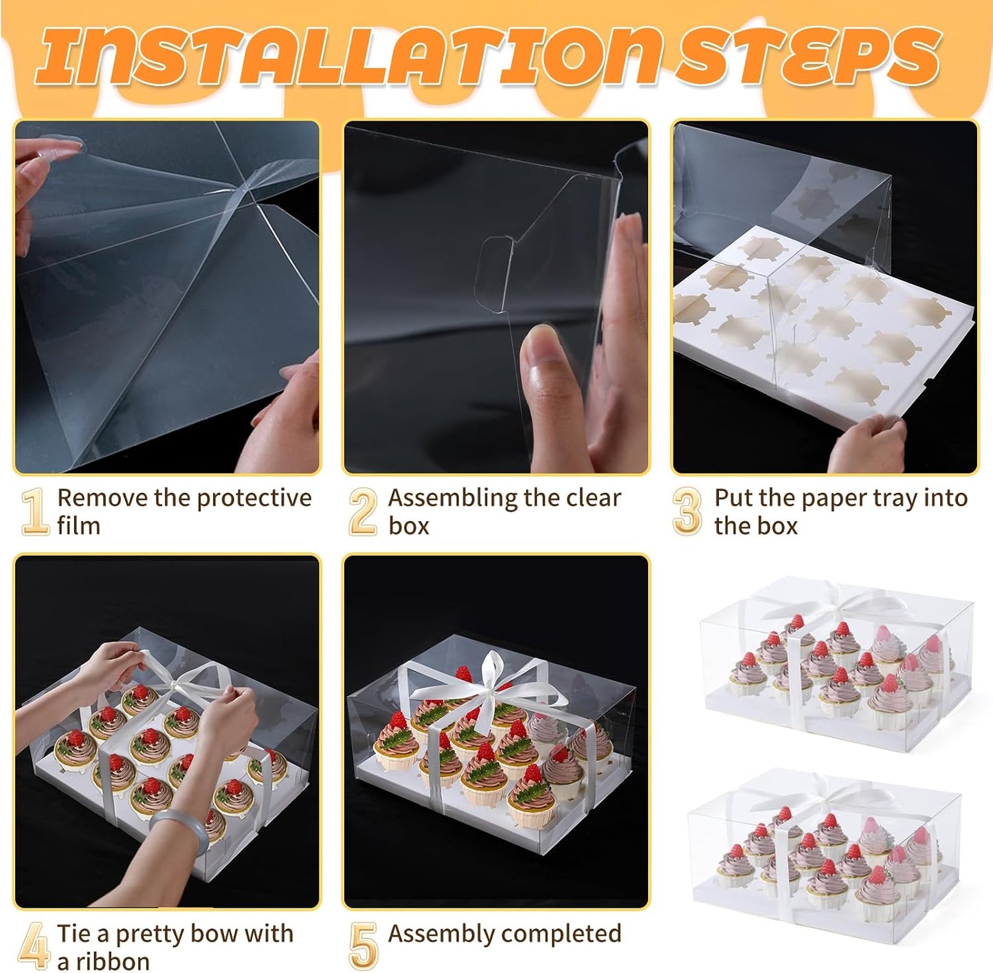 JCD 4 Pack Clear Cupcake Boxes, Plastic Cupcake Containers with Gift Ribbon, 5.5inches height Holder 6 Count Cup Cake Boxes for Parties, Baking, Wedding, Transport (6count/4pcs)