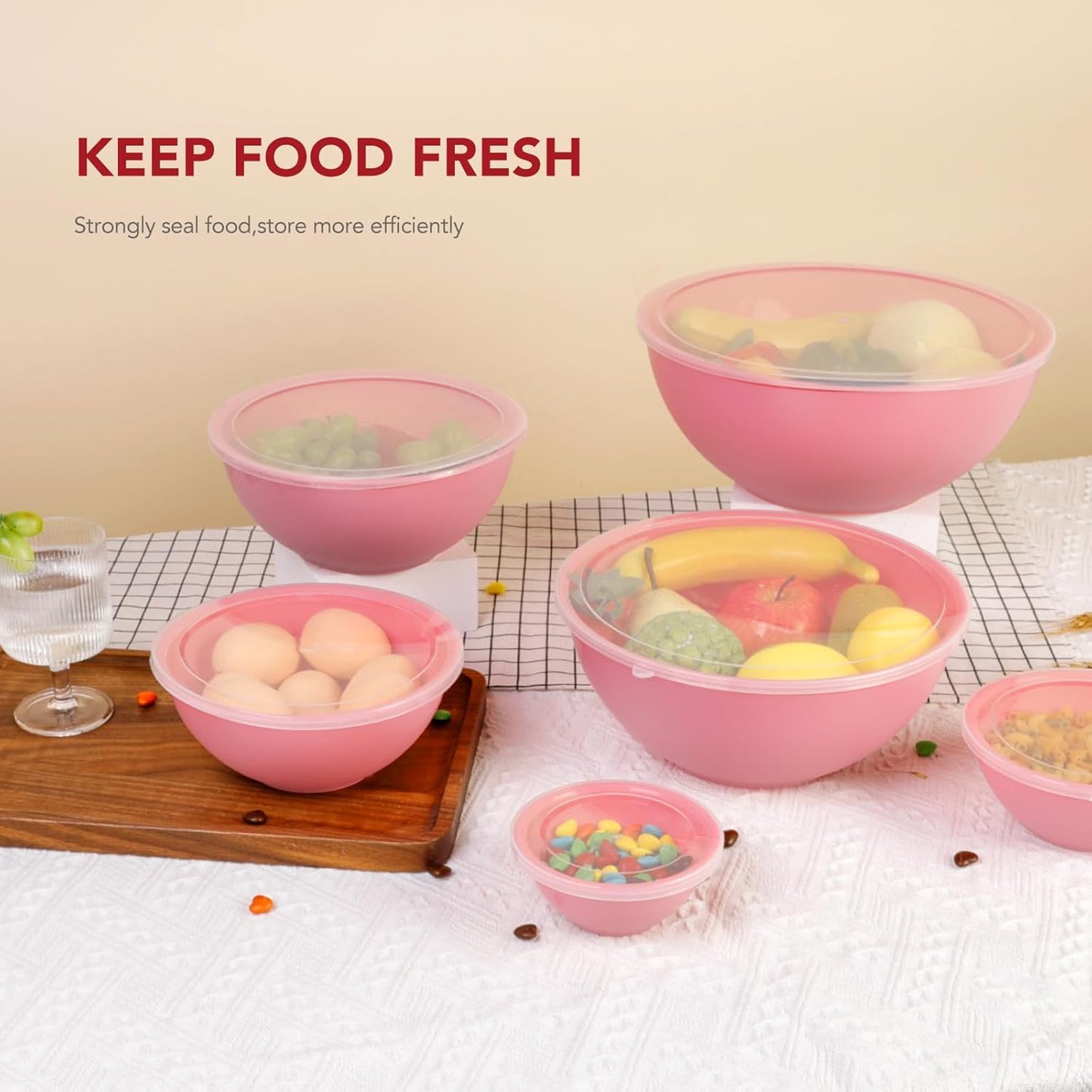 BoxedHome BPA Free Plastic Round Mixing Bowl with Lids, 12 Pack Nesting Bowls with Lids Set, Microwave and Dishwasher Safe Prep & Serving Bowls Great for Mixing, Baking, Serving (pinkish green, 12pcs)