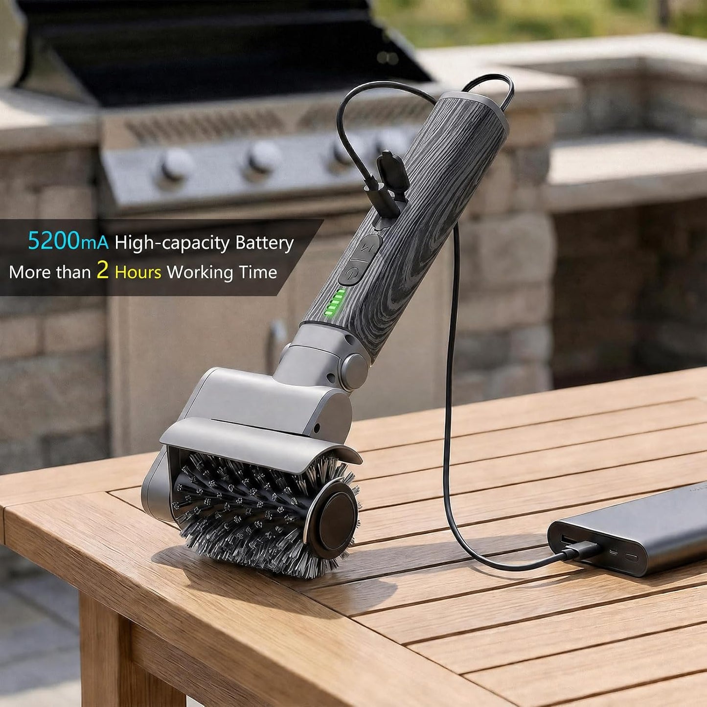 Electric Grill Brush 3-in-1 Kit – Cordless BBQ Cleaner with Reinforced Safe Metal Bristles – 2 Hours Runtime, Waterproof & Dishwasher Safe Removable Brushes for Deep Cleaning (Red Wood Coating)