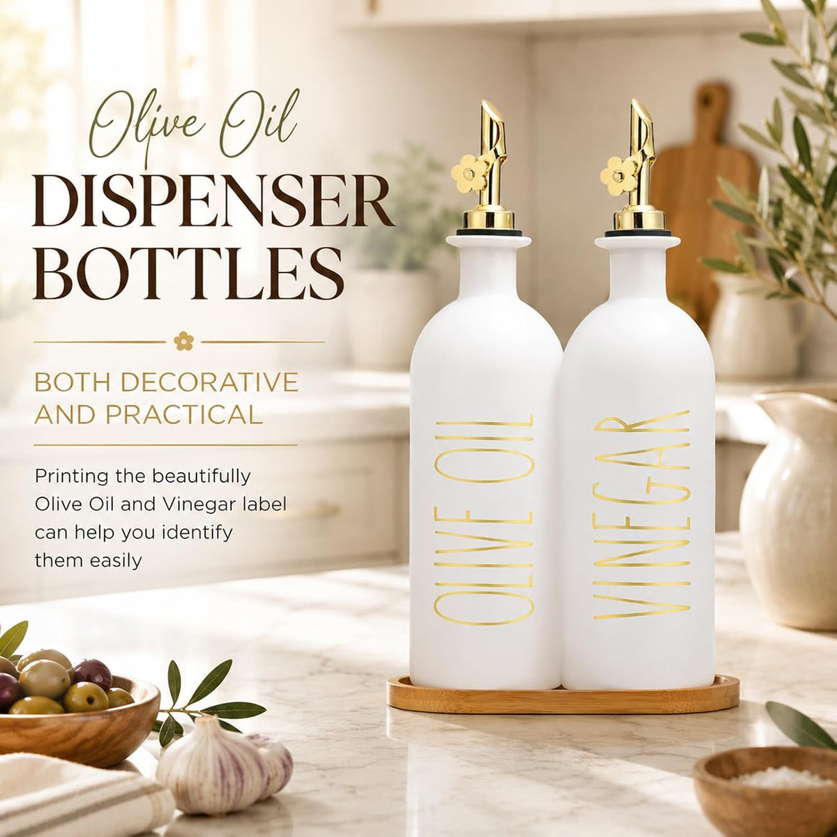 HOMCDALY Premium Olive Oil Dispenser for Kitchen, 11.8oz Glass Oil Bottles with Bamboo Tray, White Oil&Vinegar Cruet Set, Kitchen Dispenser Bottles with Pourer| Set of 2 (11.8oz –P–White)
