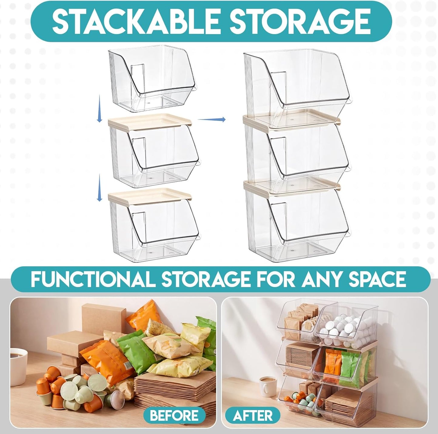 4 Pcs Clear Plastic Storage Bins Stackable Pantry Storage Organizer Kitchen Cabinet Organizers Ideal Containers for Tea Sugar Bag Coffee Pod Office Fridge Caddy