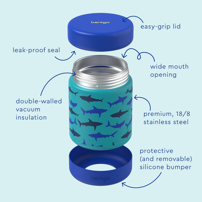 Bentgo Kids Stainless Steel Food Jar - 11oz Leak-Proof Double Insulated Hot or Cold Food Container with Removable Silicone Bumper, Dishwasher Safe, Easy Open Lid, Ages 3+ (Trucks)