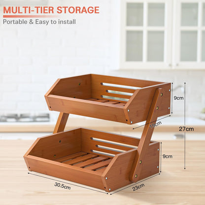 G.a HOMEFAVOR Large Bamboo Fruit Basket, 2-Tier Fruit Bowl for Kitchen Counter, Vegetable Storage Stand for Fruit Shop, 15 mm Thickness (Self-assembly)