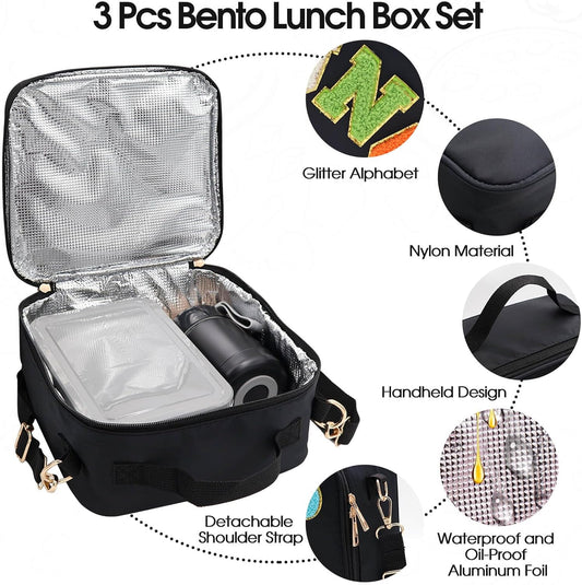 Insulated Lunch Bag for Boys Girls with 10oz Thermo, with 6 Compartment Bento Box, Black Nylon Preppy Lunch Box Adjustable Strap for Boy Girl Kids Teens School Travel Picnic
