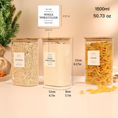 2 Pack large Square Glass Flour and Sugar Containers with 132 Kitchen Pantry Labels - 149 floz & 71 floz - Glass Jars with Airtight Bamboo Lid - Glass Rice Canisters for Coffee, Pasta, Cookie, Cereal