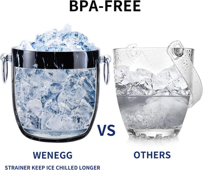 Ice Bucket with Lid, Scoop, Tongs and Strainer - Well Made Insulated Stainless Steel Keep Ice Frozen Longer - Ideal for Cocktail Bar, Parties, Chilling Wine, Champagne - 3 Liter (Stainless Steel)