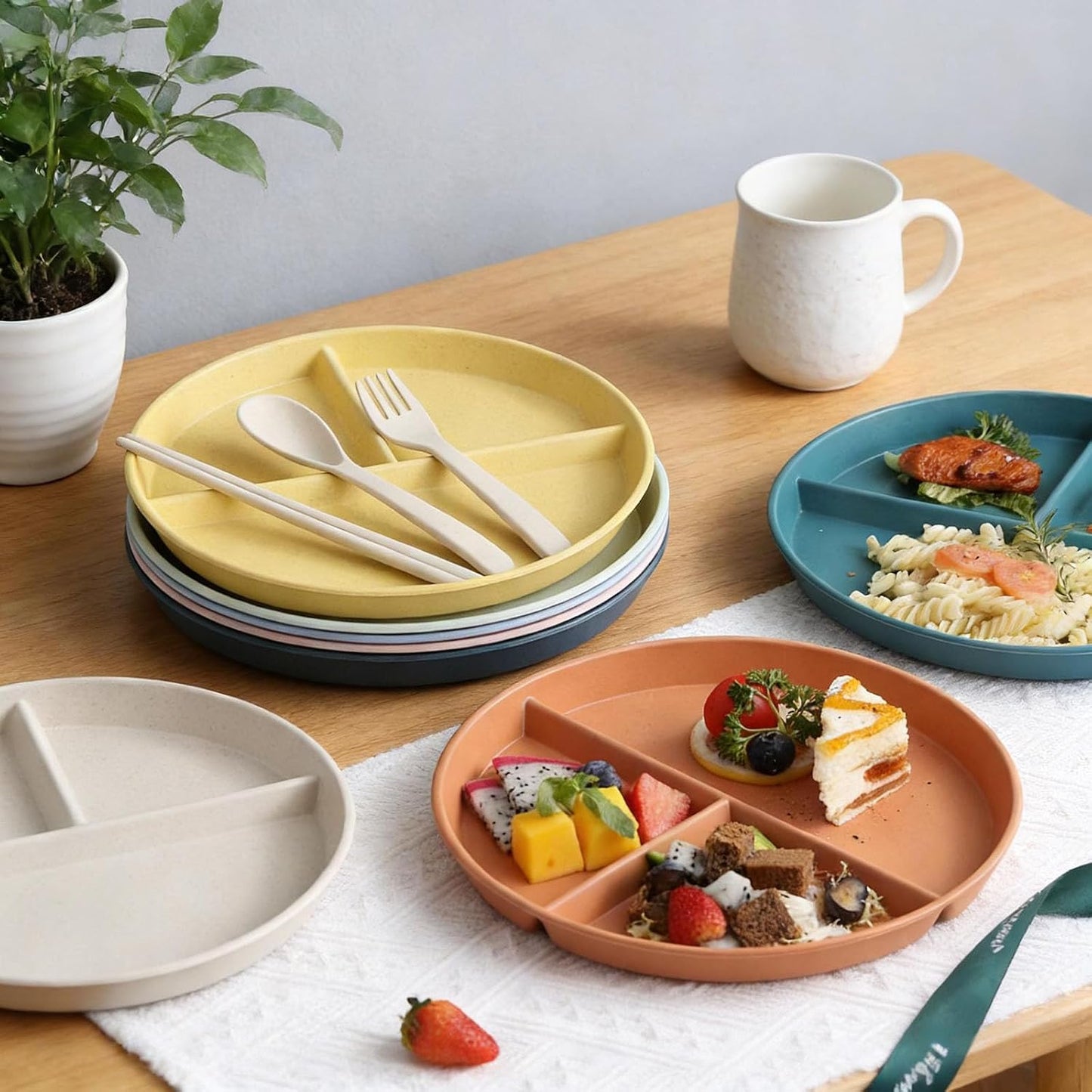 8 Packs 9 Inch Divided Plates For Adults, 3 Compartment Portion Control Plates, Lightweight Reusable Dinnerware Portion Control Plastic Microwave Safe