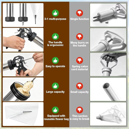 3-in-1 Cookie Press and Churro Maker, Stainless Steel Baking Gun