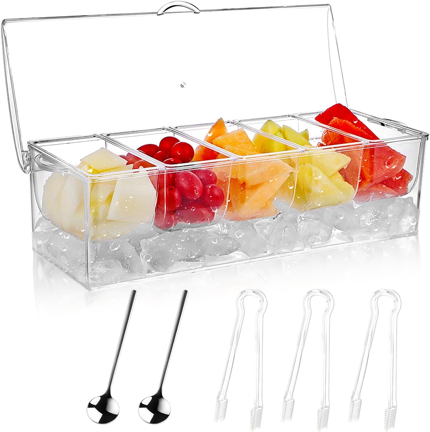 MOLIGOU Chilled Condiment Server, Stainless Steel Chilled Condiment Tray with Lid, Ice Fruit Serving Containers with 5 Removable Compartments