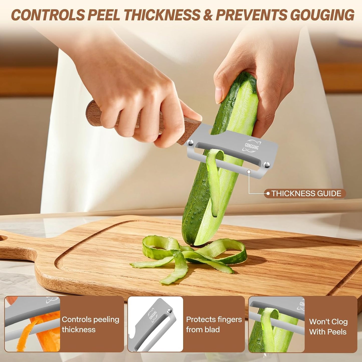 MultiFunctional Vegetable Peeler, Non-Slip Wooden Handle with Sharp Stainless Steel Blade, Built-in Bottle Opener - Perfect Kitchen Peeler For Veggie, Fruit, Potato, Carrot, Apple