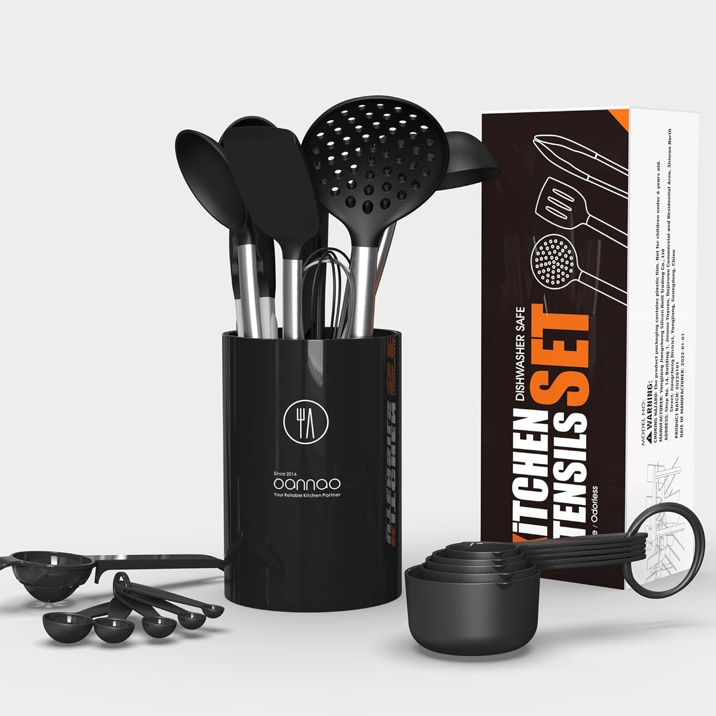 oannao Large Silicone Cooking Utensils Set - Heat Resistant Kitchen Utensils,Turner Tongs,Spatula,Spoon,Brush,Whisk,Stainless Steel Cooking Tool for Nonstick Cookware,Dishwasher Safe (Khaki)