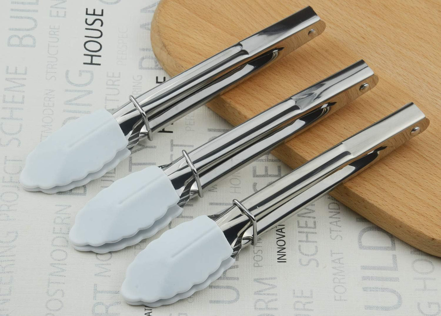HINMAY Mini Stainless Steel Food Tongs with Silding Rings 7-Inch, Set of 6 | Small Clam Shell Service Tongs for Serving Appetizers, Desserts, Salads, Barbecue and Cooking (Silver)