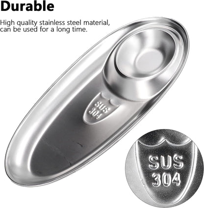 Tissting 304 Stainless Steel Chip Dip Platter Silver Oval Divided Spice Dish Snack Plate for Dip, Appetizers, Snacks, Veggies, Chips, Two Compartment Serving Tray,for Home Outdoor Camping(S-7.9in)
