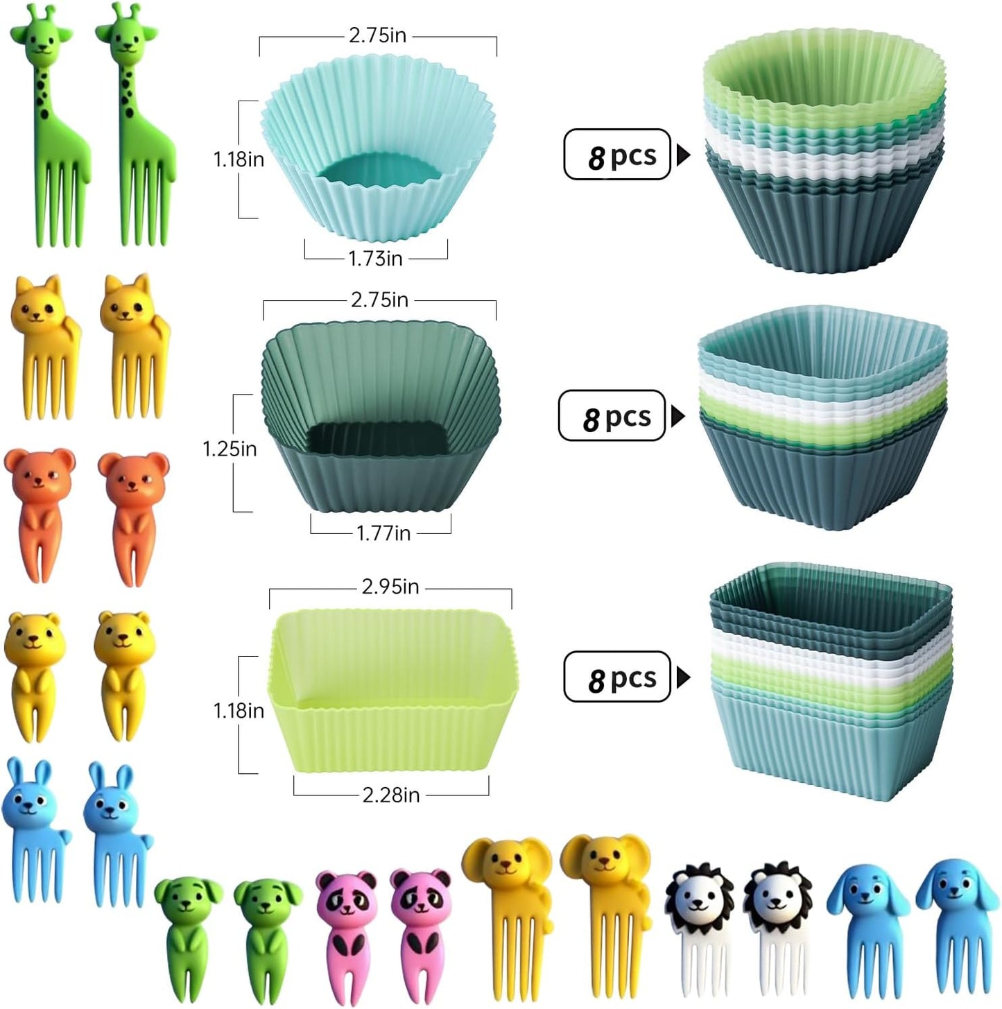 Silicone Lunch Box Dividers - Bento Box Lunchbox Accessories Reusable Cupcake Liners Molds for Baking with 20pcs Food Picks