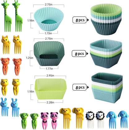 Silicone Lunch Box Dividers - Bento Box Lunchbox Accessories Reusable Cupcake Liners Molds for Baking with 20pcs Food Picks