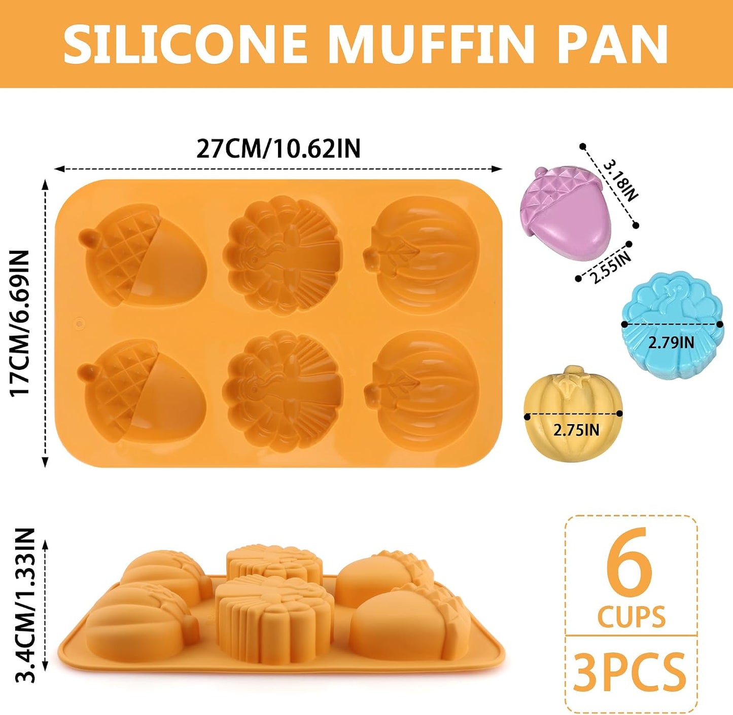 3-Pack 6-Cup Silicone Muffin Pans, Nonstick Cupcake Baking Molds, Muffin Cupcake Pans Molds for Baking, BPA/PFA-Free, Dishwasher & Oven Safe Pumpkin