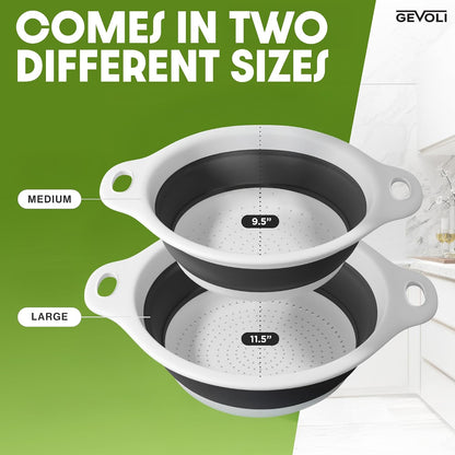Collapsible Colanders (2 Pack Set) Food Strainers with Over-Sink Water Draining Base for Pasta Fruits and Vegetables (4 and 5 Quart) - White Beige