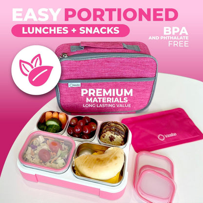 Stainless Steel Bento Lunch Box Set For Adults, Kids - Insulated Bag And Ice Pack - Leak-Proof Metal Compartment Meal Prep Food & Snack Containers For Work Travel School Daycare, 42 Oz Grey Black