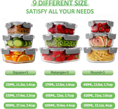 HOMBERKING 18 Piece Glass Food Storage Containers with Lids, Glass Meal Prep Containers, Airtight Lunch Bento Boxes, BPA-Free & Leak Proof, Oven, Freezer and Dishwasher Safe (9 lids & 9 Containers)
