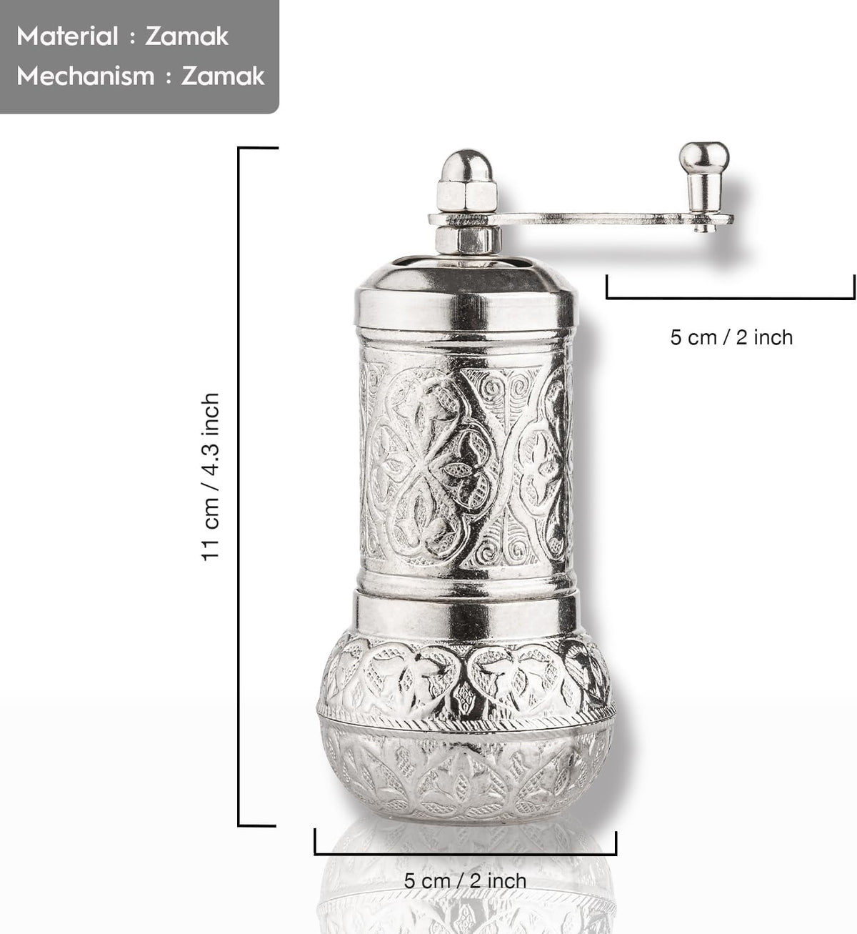 Handmade Decorative Black Pepper Grinder, Zamak Conical Burr, Refillable Turkish Spice Mill Manual Pepper Mill with Handle, Spice Grinder Metal with Hand Crank 11 cm-4.3 inch