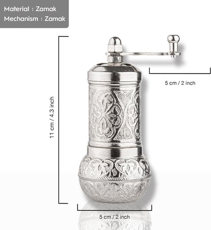 Handmade Decorative Black Pepper Grinder, Zamak Conical Burr, Refillable Turkish Spice Mill Manual Pepper Mill with Handle, Spice Grinder Metal with Hand Crank 11 cm-4.3 inch