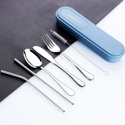 Portable Utensils Set with Case, 4pcs Stainless Steel Reusable Silverware for Lunch Camping School Picnic Workplace Travel, Lunch Box Includ Fork Spoon Knife,Easy to clean,Dishwasher Safe(Rainbow)